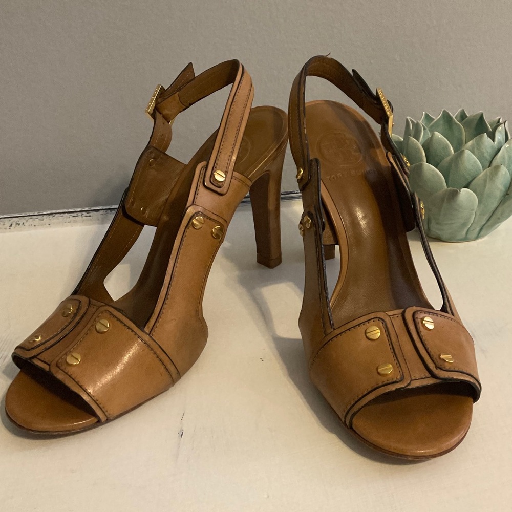 Tory Burch Camel Heels Gold Screw Accents